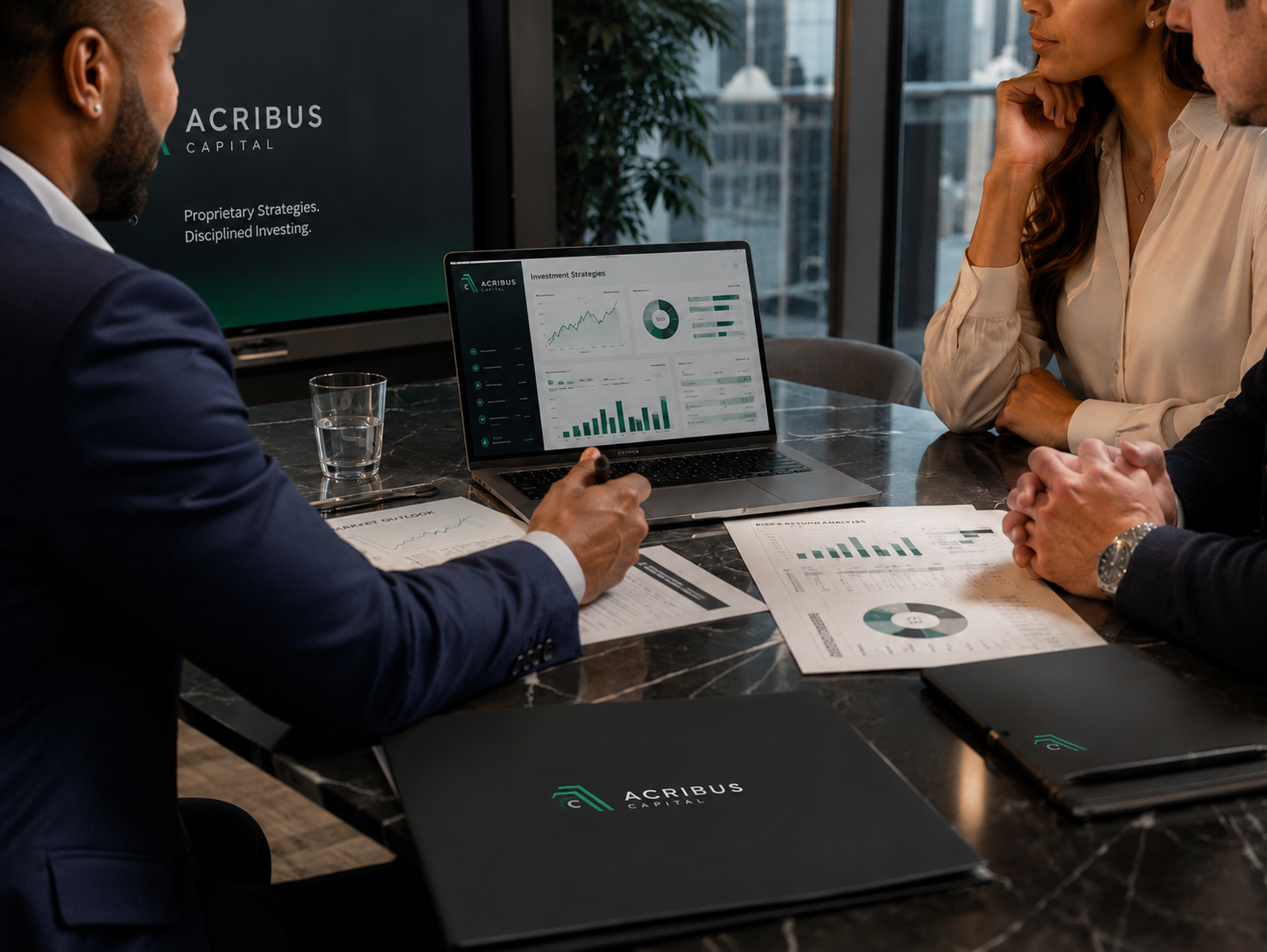 Acribus Capital advisor reviewing investment strategy materials with clients