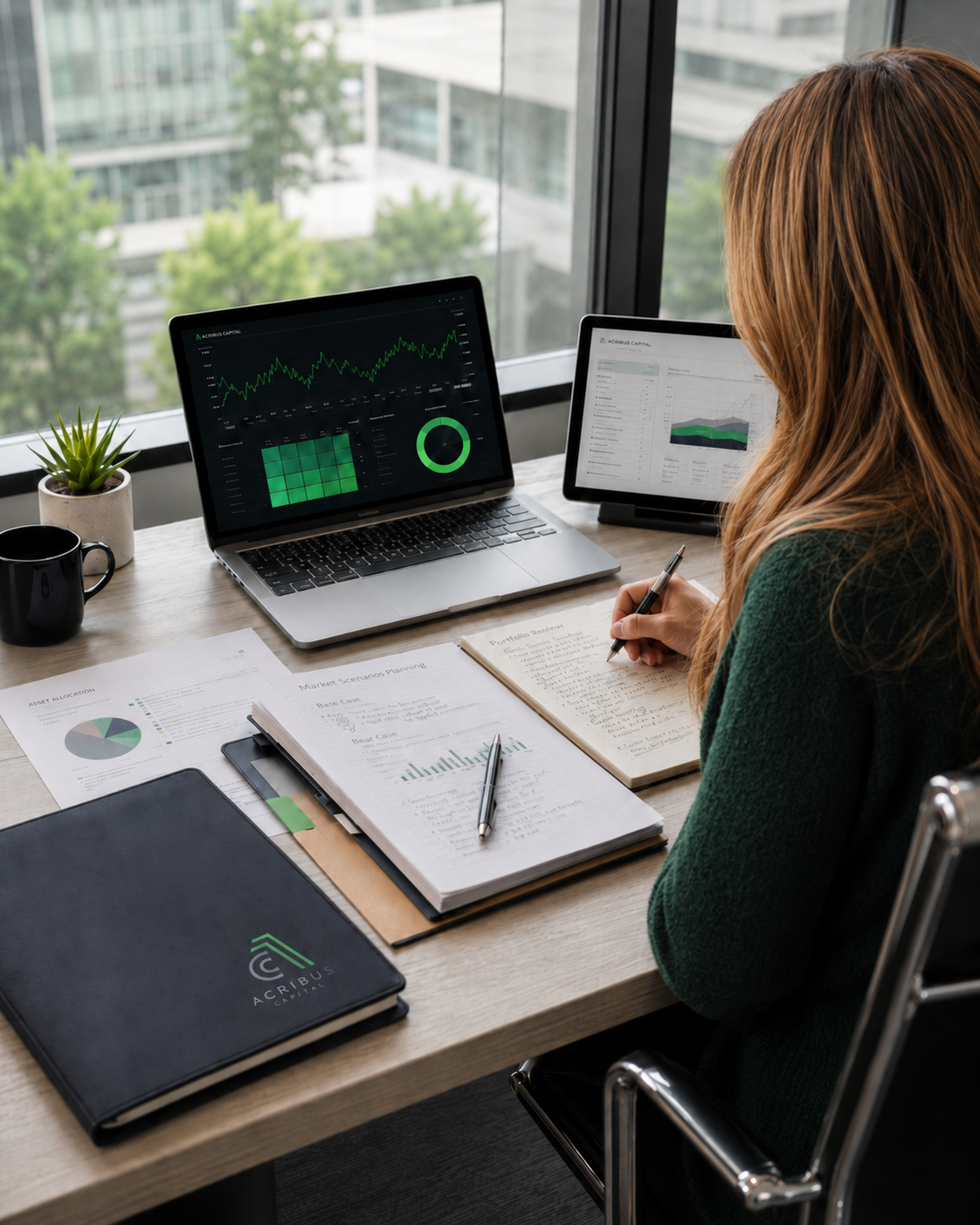 Acribus Capital advisor reviewing investment information